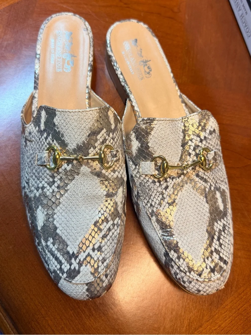 Coach Snake-Print Gold Bit Slip-On Mules in Beige and Taupe